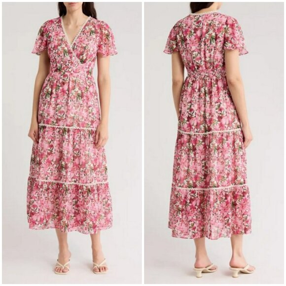 💕ANNE KLEIN💕 Floral Flutter Sleeve Tiered Maxi Dress ~ Carmine Rose 12 NWT - Picture 1 of 4